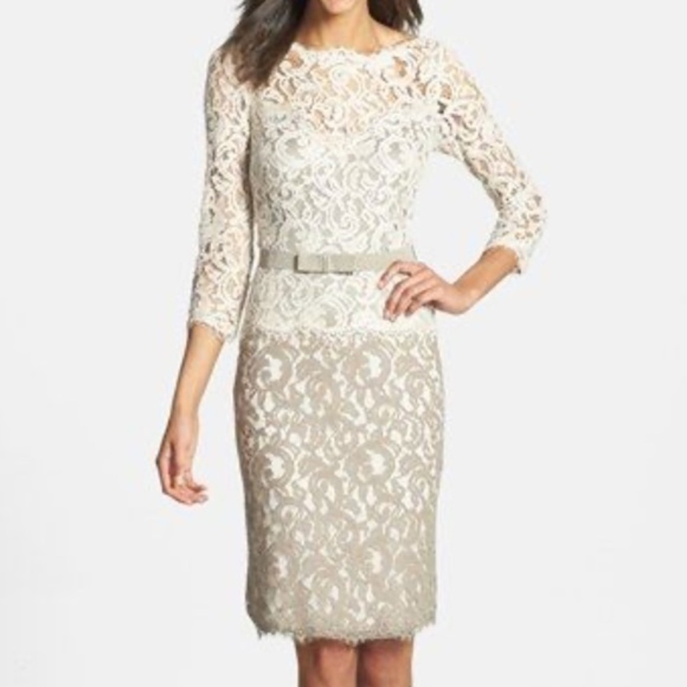 Tadashi Shoji Lace 3/4 Sleeve Dress Sheer Illusion Boatneck 6 Petite Cream Taupe
